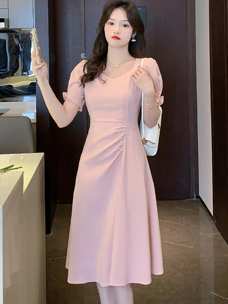 Koisoon Summer Pink Puff Sleeve Square Collar Midi Dresses Women Korean Vintage Hepburn Dress 2024 Black Dresses for Official Occasions