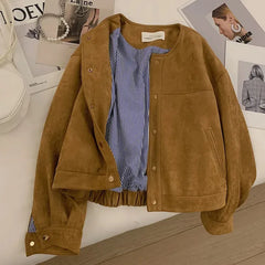 Koisoon Chic Suede Short Jacket Women Korean Camel Fashion Long Sleeve Flight Harajuku Single Breasted Loose Tops Female Vintage Coats