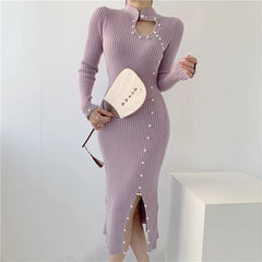 Koisoon Beading Knitted Bodycon Dress Elegant Lady Club Party Dress Autumn Ribbed Sexy Hollow Out Split Midi Dresses Women Robes