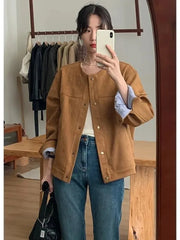 Koisoon Chic Suede Short Jacket Women Korean Camel Fashion Long Sleeve Flight Harajuku Single Breasted Loose Tops Female Vintage Coats