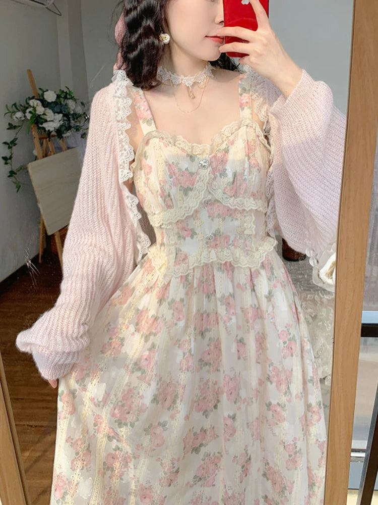 Koisoon Chiffon Lace Strap Dress Women Floral Embroidery Fairy Vintage Long Dress Female Sweet Princess Casual Party Dresses Summer