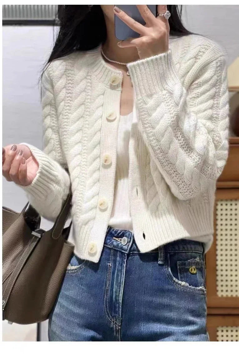 Koisoon Women's Pure Cashmere Wool Sweater Round Neck Twists Short Cardigan Autumn Winter Casual Knit Top Female Thickened Warm Jacket