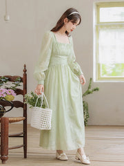 Koisoon ﻿French Elegant Green Mori Girl Style Flowers Embroidery Sweet Dress Square Collar Full Sleeve Chiffon Fashion Dress For Women ﻿