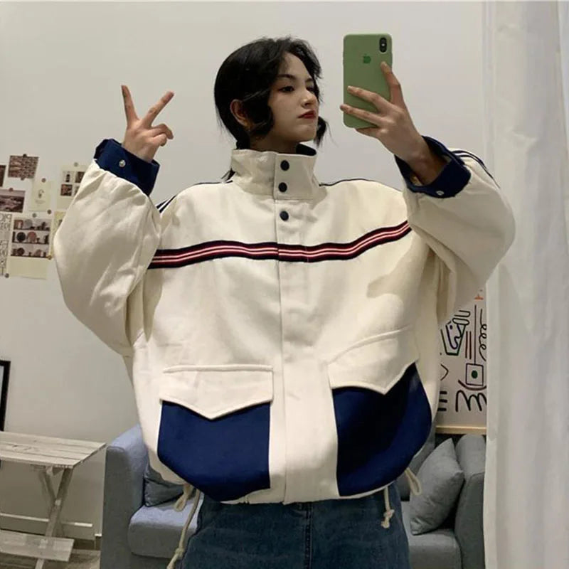 Koisoon Patchwork Jacket Women American Loose Streetwear Blue and White Zipper Clothes Casual Chic Long Sleeve Harajuku Outwear