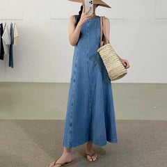 Koisoon Vintage Square Collar Denim Dress Casual Slim 2024 Summer Female Jeans Dress Zipper  Sleeveless Women Jeans Dress Vestidos S916