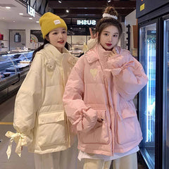 Koisoon Women Thick Warm Parkas Winter Korean Fashion Love Embroidery Puffty Jacket Casual Female Bandage Bow Loose Down Coats New