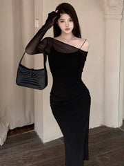 Koisoon Black Party Two-piece Dress Women Casual Sexy Mesh Bodycon Dress Summer Elegant Long Dresses for Women Korean Style Luxury