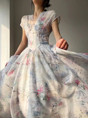 Koisoon Elegant Vintage Printed V-neck Midi Dress Women Summer New French  Party Princess Dresses Prom Robe Female One Piece Vestidos