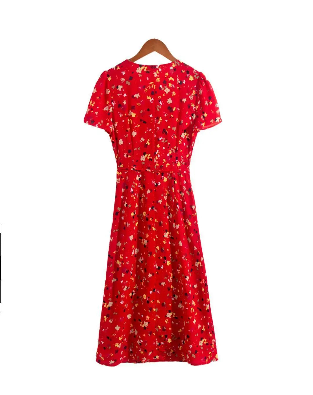 Koisoon Summer Floral Print Red Dress Women Holiday Beach Short Sleeve V-neck Wrap Midi Split Dresses