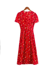 Koisoon Summer Floral Print Red Dress Women Holiday Beach Short Sleeve V-neck Wrap Midi Split Dresses