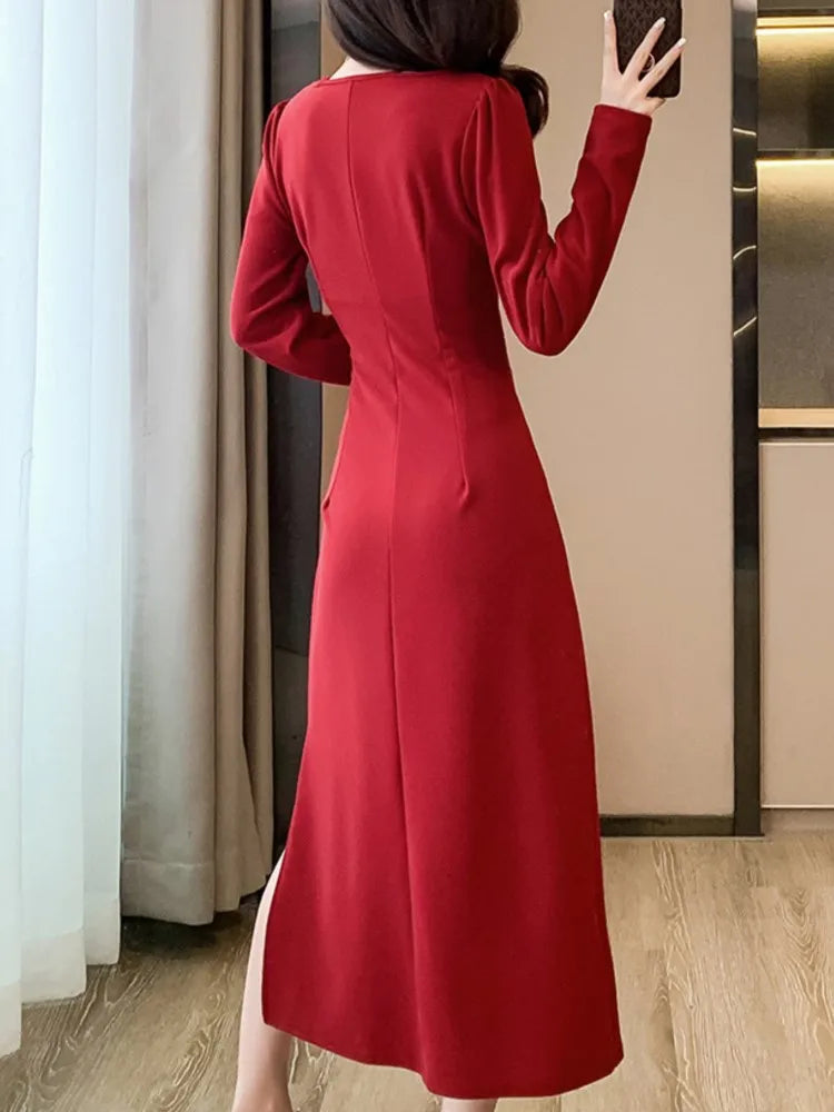 Koisoon Vintage Bodycon Women Fashion Black Red Dress Long Sleeve Elegant Slim Party Birthday Dresses Female Clothes Robe Vestidos New