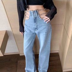 Koisoon Sexy Hollow Out Chain Streetwear Jeans for Women Summer High Waist Loose Harajuku Straight Denim Pants Fashion Korean Y2K Jeans