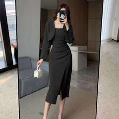 Koisoon New Vintage Solid Elegant Midi Dresses for Women with Long Sleeved Cardigan Autumn Fashion Party Birthday Dress Korean Style