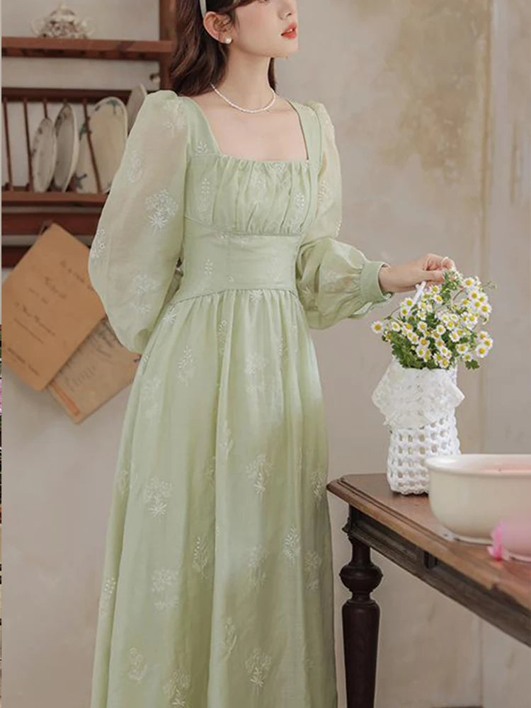 Koisoon ﻿French Elegant Green Mori Girl Style Flowers Embroidery Sweet Dress Square Collar Full Sleeve Chiffon Fashion Dress For Women ﻿