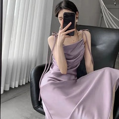 Koisoon Korean Purple Satin Midi Dress Women Fashion Folds Spaghetti Strap Dress Woman Elegant Summer Waist-Tight Party Dresses