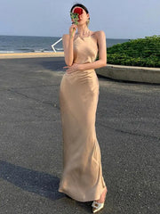 Koisoon Champagne Halter Pleated Backless Long Dress Summer New Elegant Fashion Evening Party Ladies Vintage Dresses Female Clothes