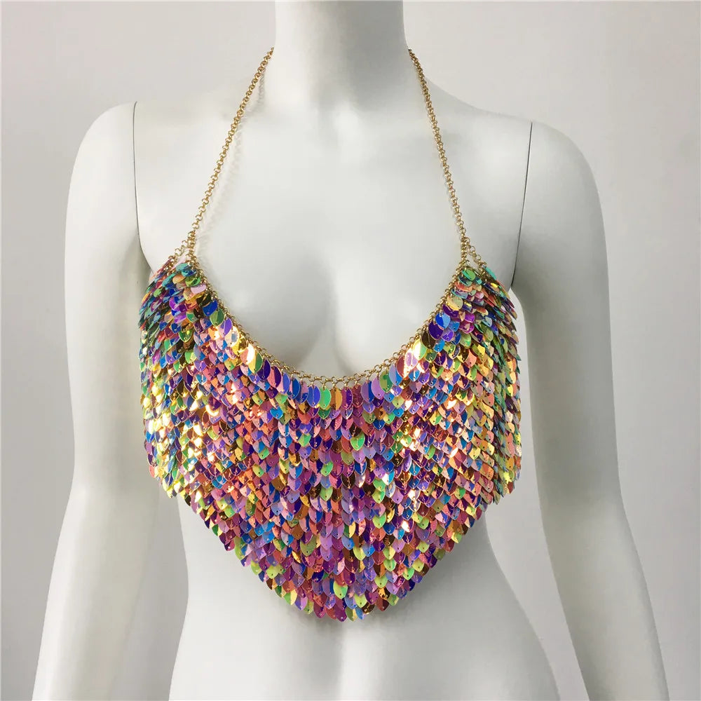 Koisoon Boho Crop Top with Shiny Sequins for Women Backless Tank Tops Sexy Halter Off Shoulder Party Outfit Club Rave Festival Cam