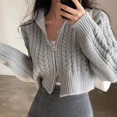 Koisoon Gray Cardigans Women Vintage Twist Crop Sweaters Autumn Zip-up Knitwear Outerwear Tender Korean Fashion Ladies Casual Streetwear