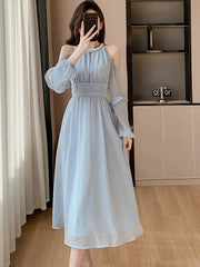 Koisoon Women Blue Chiffon Off Shoulder Sexy Long Dress Spring Elegant Chic Diamonds Casual Dress 2024 Korean Fashion Bodycon Prom Dress