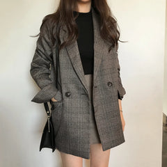 Koisoon Plaid Double Breasted Pockets Formal Jackets Checkered Winter Spring Women's Blazers Outerwear Tops