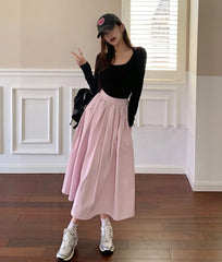 Koisoon Elegant Women Pockets Pleated Skirts For Ladies 2024 Spring Summer A-Line Loose Casual High Waist Midi Skirt SK25