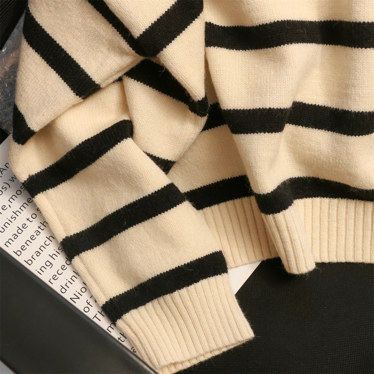 Koisoon Women Sweater Oversize Zipper Knitted Pullover Long Sleeve Stripe Loose Ladies Sweaters Autumn Winter Women's Turtleneck