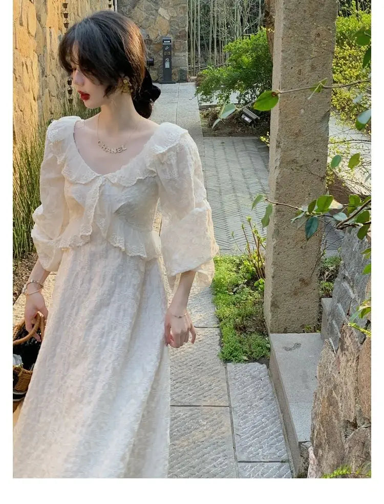 Koisoon Elegant Vintage Lace Fairy Dress Women Autumn Sweet Rufffle Long Sleeve Party Dress Female Casual Korean Embroidery Dresses