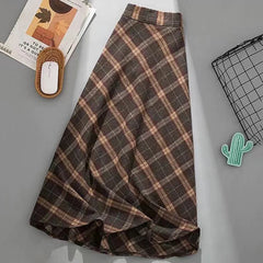 Koisoon Autumn Winter Woolen Skirt Women Korean Style Thick High Waist Long Skirt Woman A Line Pleated Plaid Skirt Female