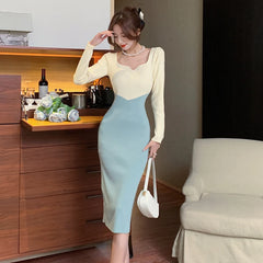 Koisoon New Vintage Winter Knitting Sweater Dresses Women Simple Chic Work Wear Office Lady Slim Elegant Chic Pencil Dresses Korean