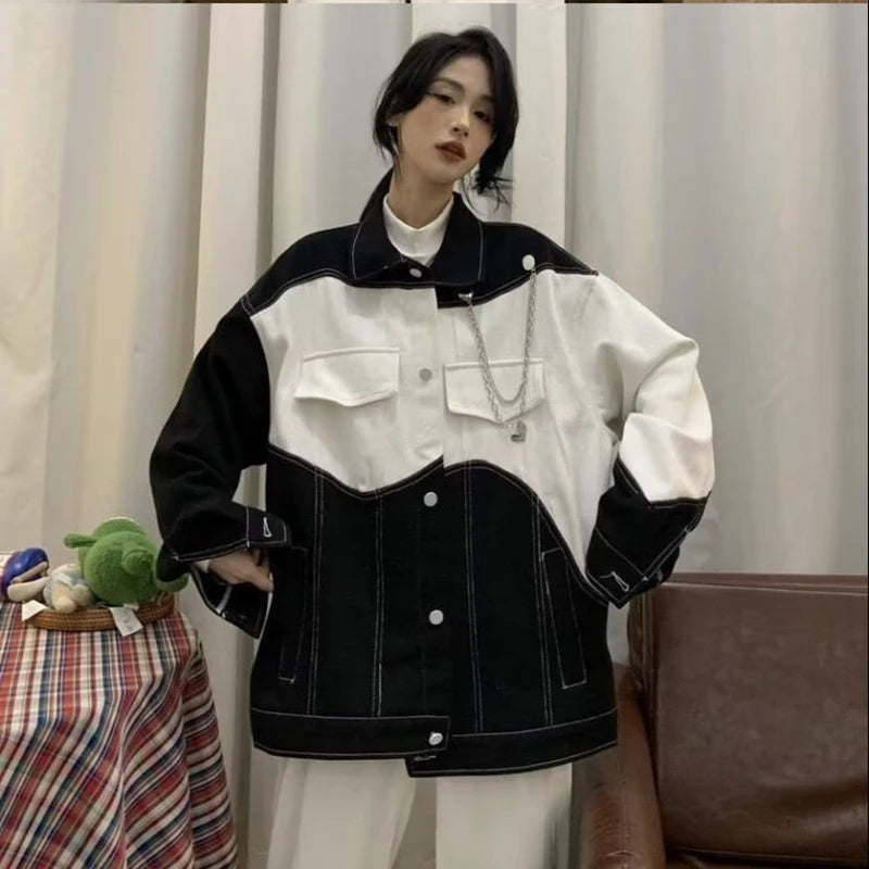 Koisoon Women Patchwork Denim Jacket Autumn Vintage Korean Streetwear Loose Coats Harajuku Casual Female Chain All Match Outwear