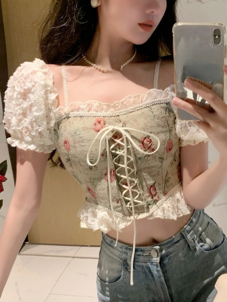 Koisoon Casual Floral Y2k Crop Tops Woman Outwear Slim Short Sleeve Elegant Blouse Office Lady Korean Style Fashion Pullover Summer