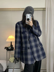 Koisoon Vintage Faux Woolen Plaid Blazers Coat Women Streetwear Loose Retro Jackets American Harajuku Long Sleeve Outwear Tops New