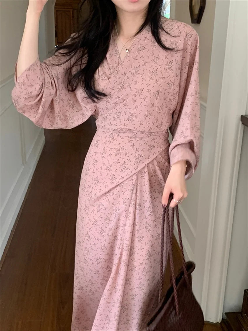 Koisoon Pink Florals Maxi Dress Spring Chic Full Sleeve Printed Sweet 2024 Slim New V-Neck Close Waist Office Lady Elegant