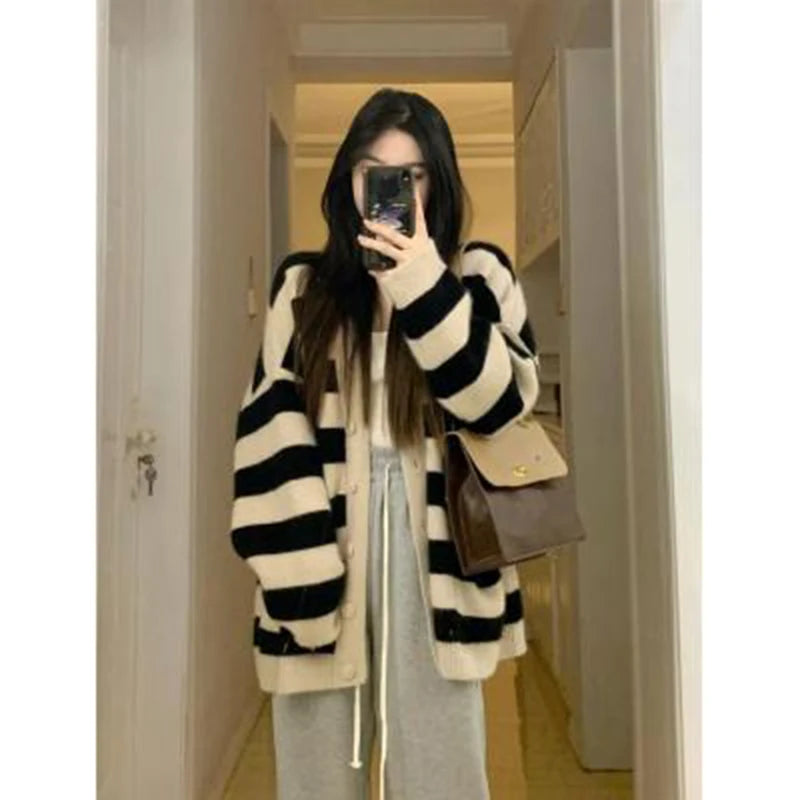 Koisoon Fashion Women Cardigan Sweater Korean Stripe Button Loose Knitted Coats Casual Female Streetwear Jacket Autumn New