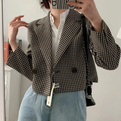 Koisoon Spring Autumn Vintage Plaid Crop Blazer Top Chic Elegant Office Clothing Lady Streetwear Suit Jacket Women Double Breasted Coats