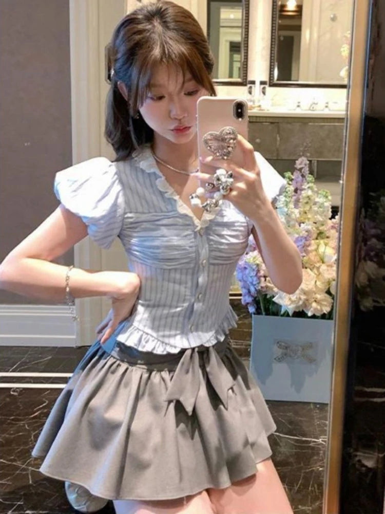 Koisoon 2024 New Japanese Style Kawaii Suit Girls Cute Stripe Slim Bouse + Bow Y2k Mini Skirt Korean Fashion Sweet Skirt Set Woman Chic