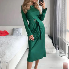 Koisoon Elegant Women Slim O-Neck Satin Dresses Female Chic Casual Long Sleeve Long Dress with Belt Luxury Solid Bag Hip Party Dress