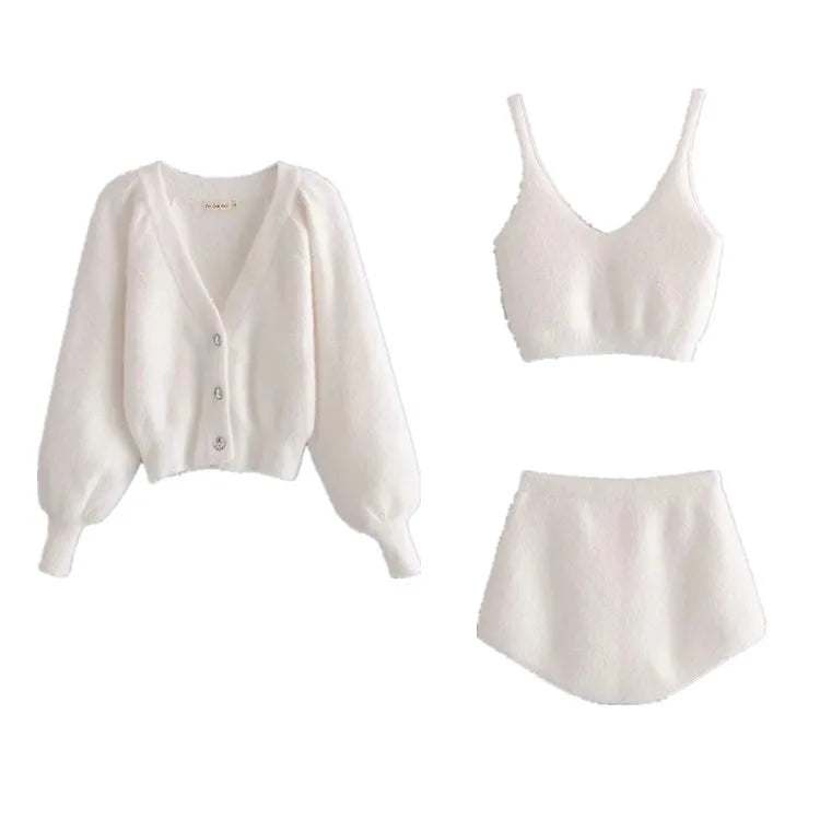 Koisoon Women Two Piece Sets Outfits White Plush Mohair Drill Button Cardigan Coats With Bra Tops And Mini Shorts Matching Sets