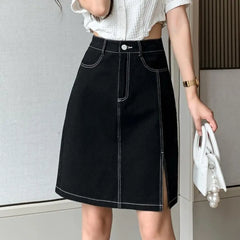 Koisoon Vintage Women Side Split Denim Skirts Pocket Ladies 2024 Summer A-Line Loose Casual High Waist Knee-Length Jeans Skirt