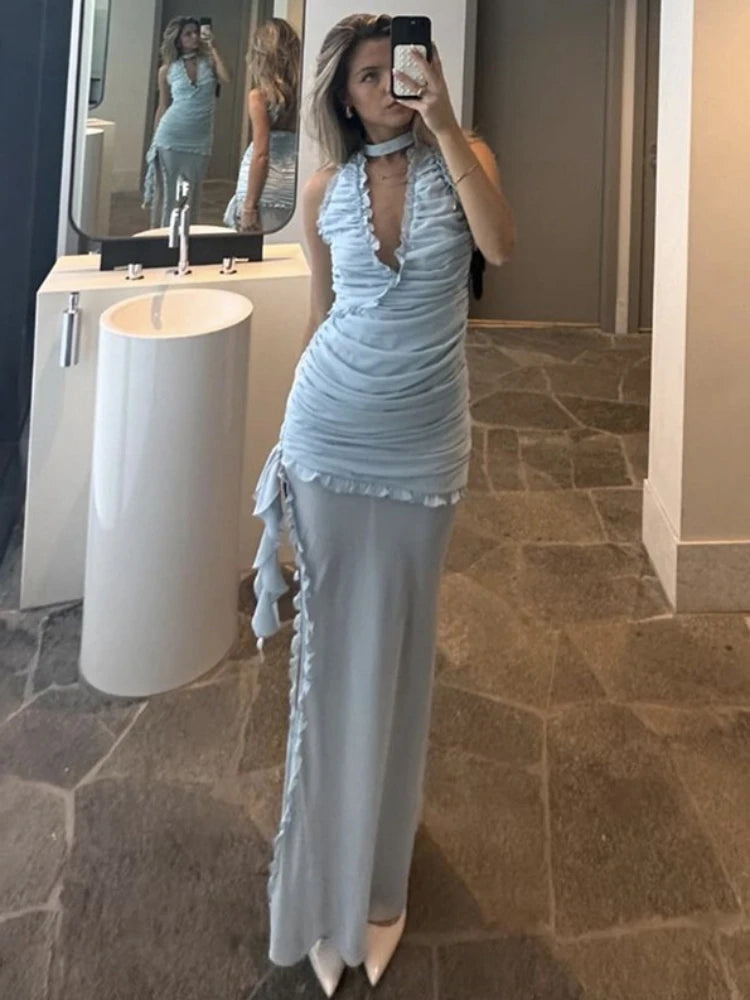 Koisoon Deep V Neck Slim Maxi Dresses For Women Mesh Splice See Through Folds Long Dress Femme Side Slit Sexy Evening Dress Woman