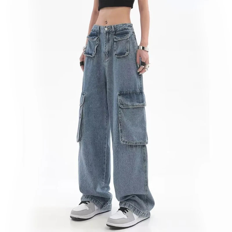 Koisoon Multi Pocket Denim Cargo Pants Women High Waist Streetwear Loose Wide Leg Jeans American Style Female Hip Hop Trousers