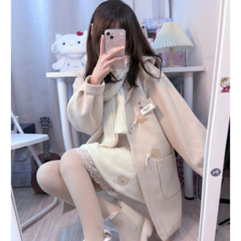 Koisoon Korean Women Faux Woolen Coats Winter Fashion Elegant Designed Button Jacket Female Loose All Match Blends Hoodie New