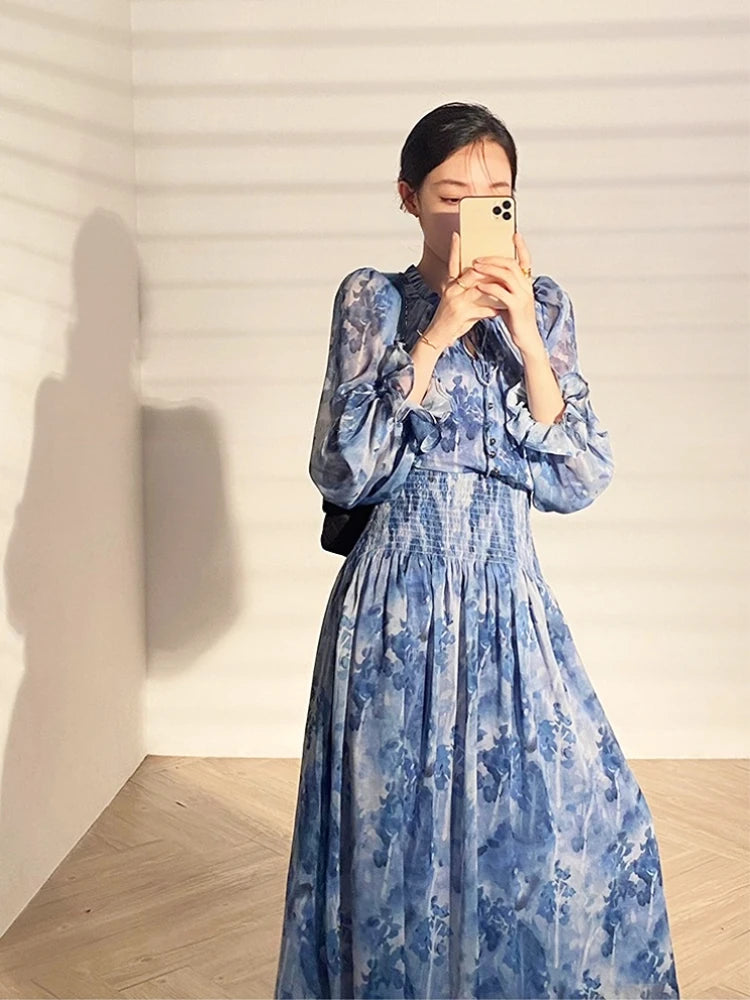 Koisoon French Vintage Long Sleeve Fairy Dress Women Slim Fashion Floral Midi Dress Beach Casual Korean Style Dresses Female Summer