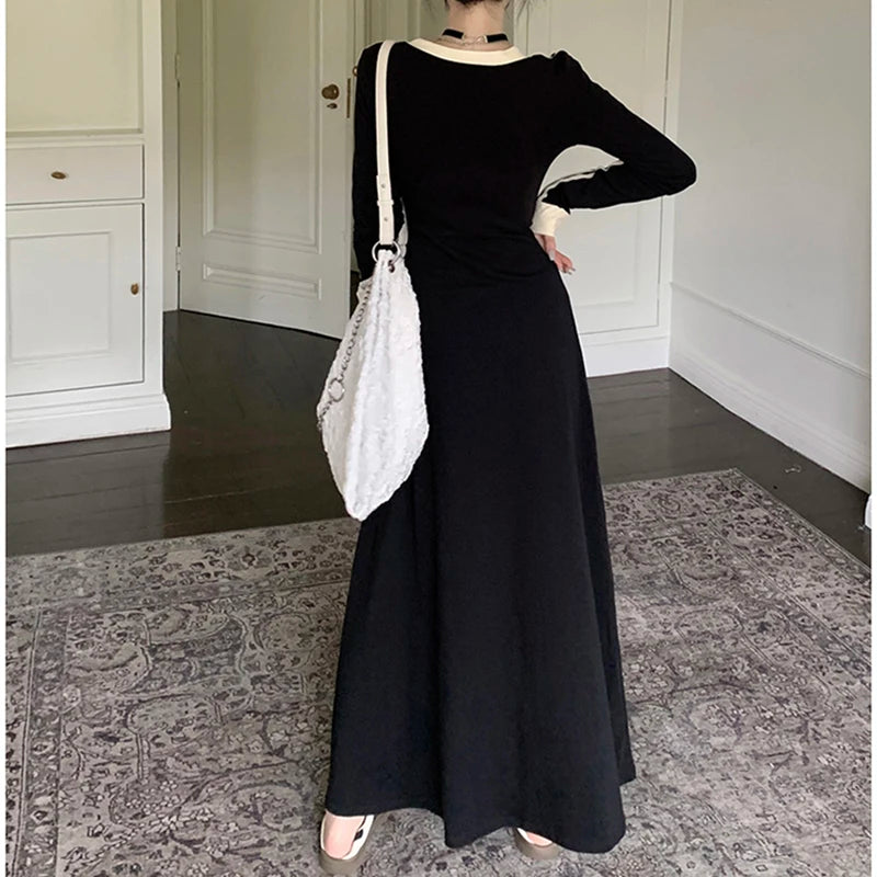 Koisoon Autumn Women Stripe Dress Korean Casual Patchwork Slim Ankle Length Dresses Fashion Female High Waist Long Sleeve Dress