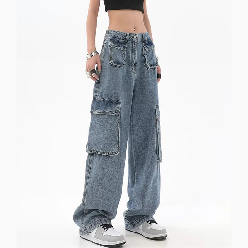 Koisoon Multi Pocket Denim Cargo Pants Women High Waist Streetwear Loose Wide Leg Jeans American Style Female Hip Hop Trousers