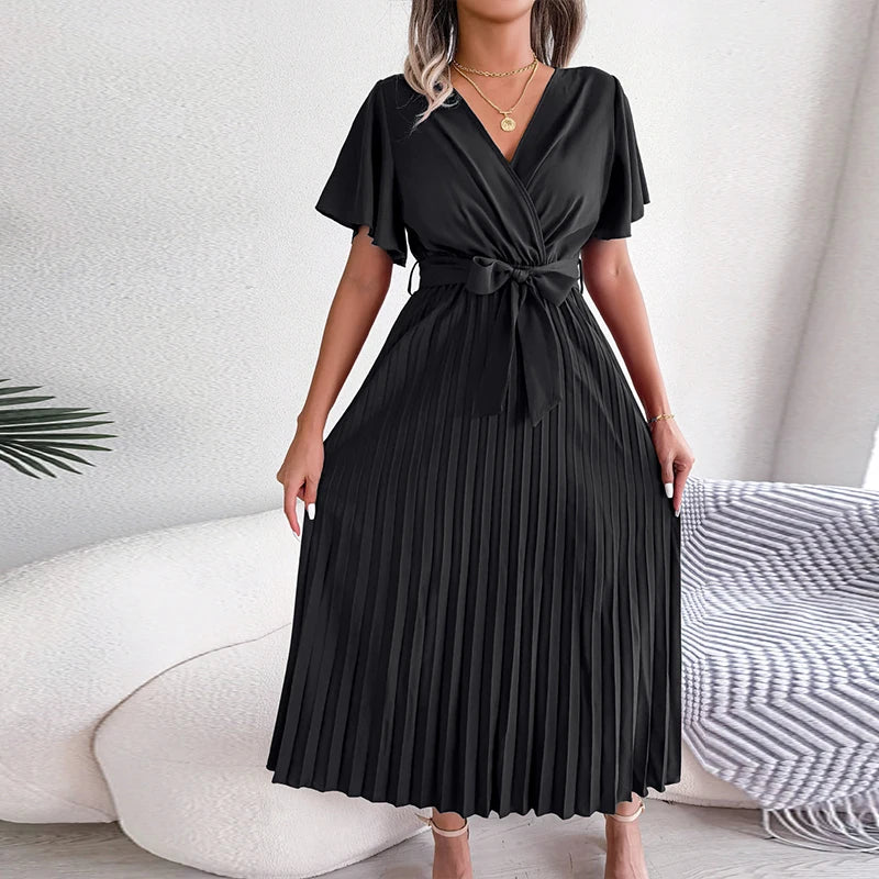 Koisoon Fashion Ladies V-neck Short Sleeved Commuting Dress Spring Summer Loose Lace Up Pleats Dress Casual Party Long Dresses Vestidos