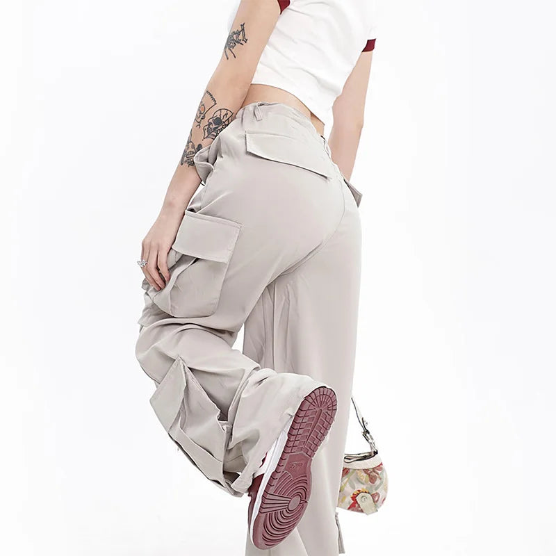 Koisoon Hip Hop Oversize Grey Cargo Pants Women Streetwear Fashion Loose Pockets Wide Leg Straight High Street Vintage Casual Trousers