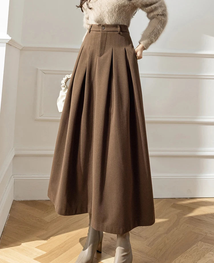 Koisoon Elegant Women Faux Woolen Skirts For Office Ladies Pockets Casual Loose A-Line High Waist Midi Skirt Autumn Winter