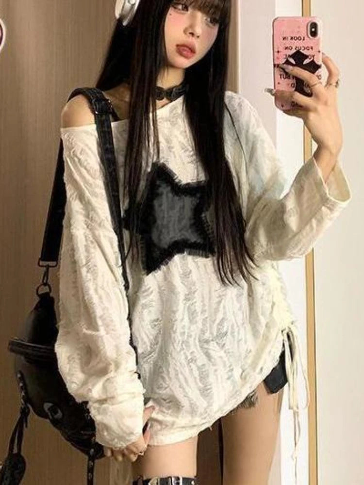 Koisoon Y2k Top Star Printed Oversized Hollow Out Off The Shoulder Tops Long Sleeves Korean Fashion Drawstring Streewear 2024