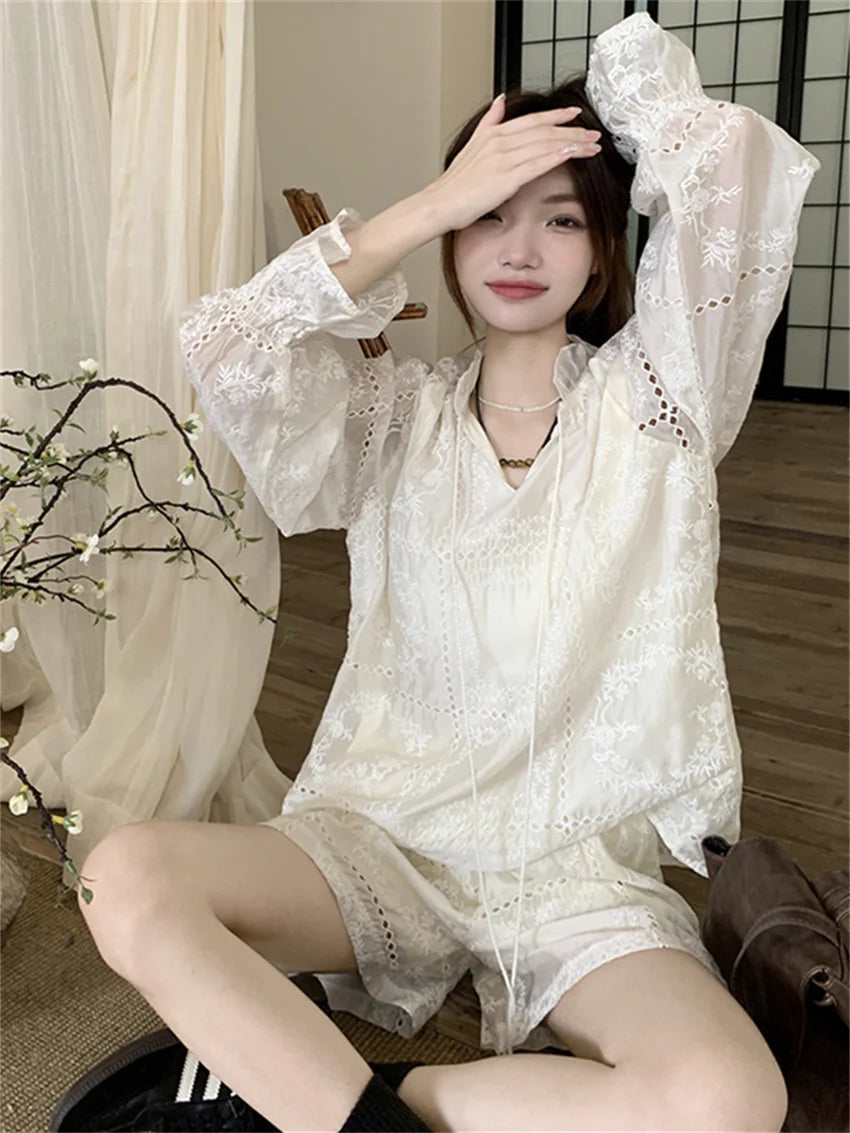 Koisoon White Women Suits Hollow Out Flare Full Sleeve Blouses Summer Office Wear Sweet Casual New OL Wide Leg Loose Shorts